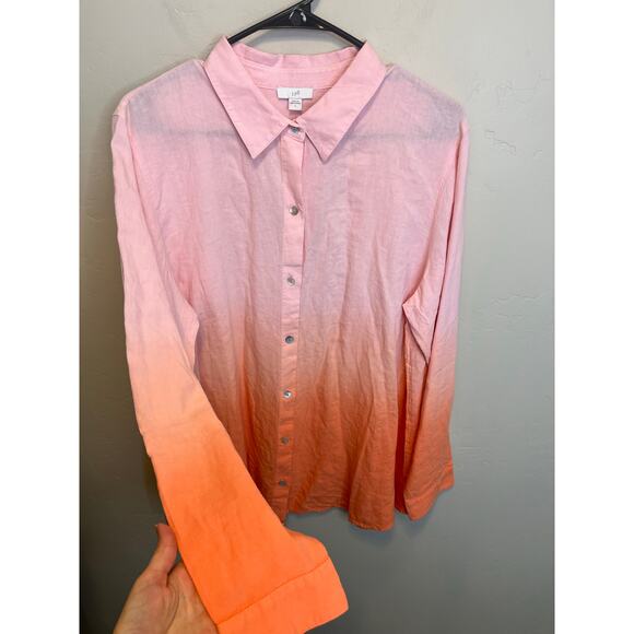 J. Jill Light Pink Collared Long Sleeve Ombre Tie Dye Linen Blend Blouse Size L - Picture 6 of 10